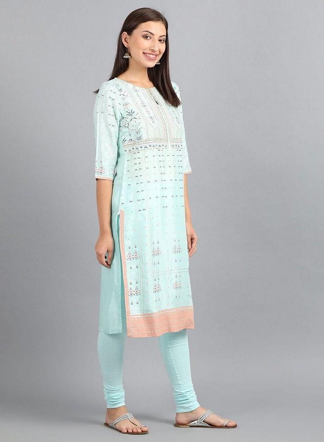 Light Blue Round Neck Printed kurta - wforwoman