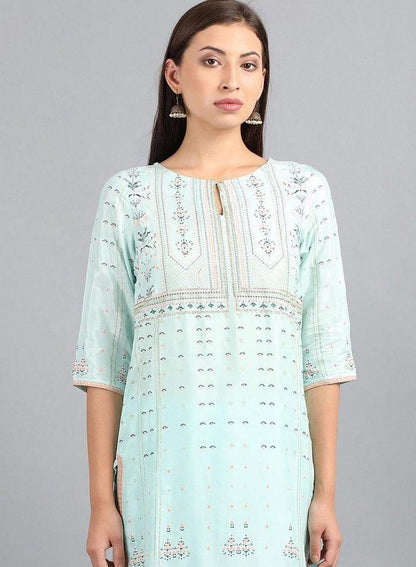 Light Blue Round Neck Printed kurta - wforwoman