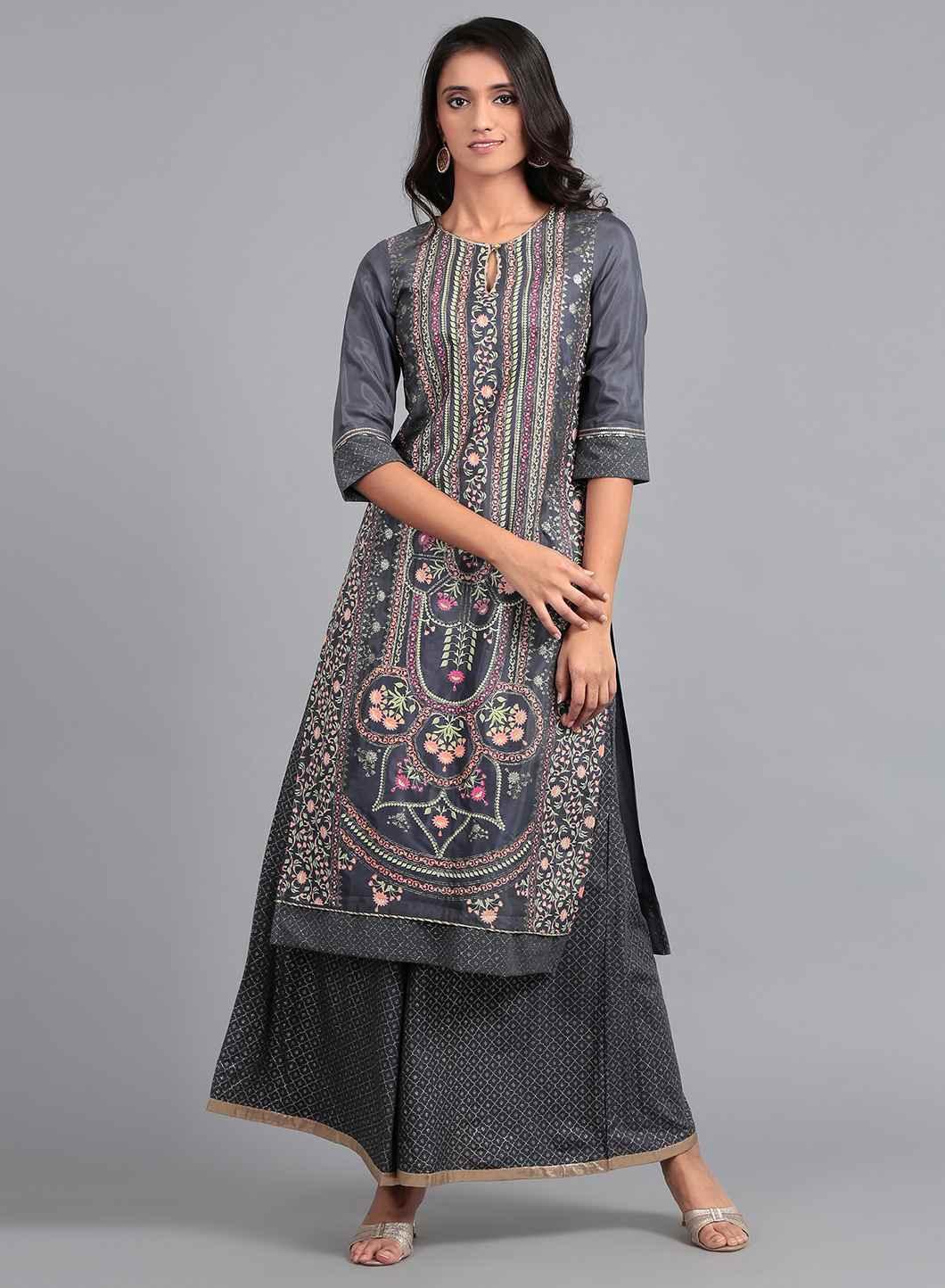 Blue Round Neck Printed kurta - wforwoman