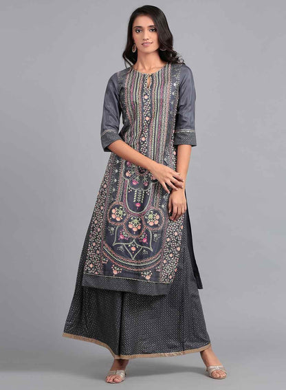 Blue Round Neck Printed kurta - wforwoman