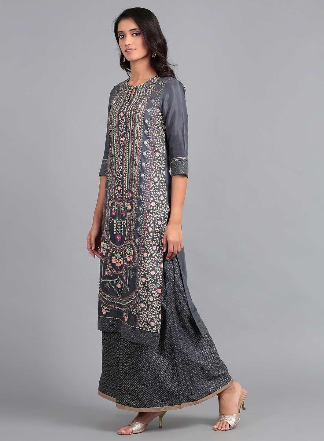 Blue Round Neck Printed kurta - wforwoman