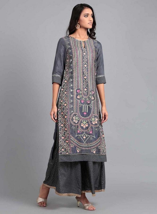 Blue Round Neck Printed kurta - wforwoman