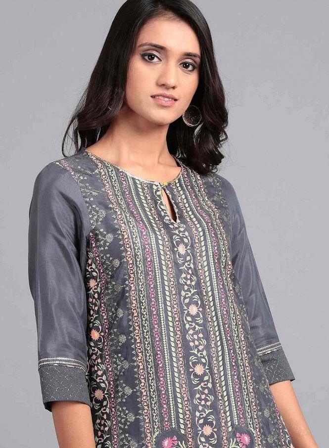 Blue Round Neck Printed kurta - wforwoman