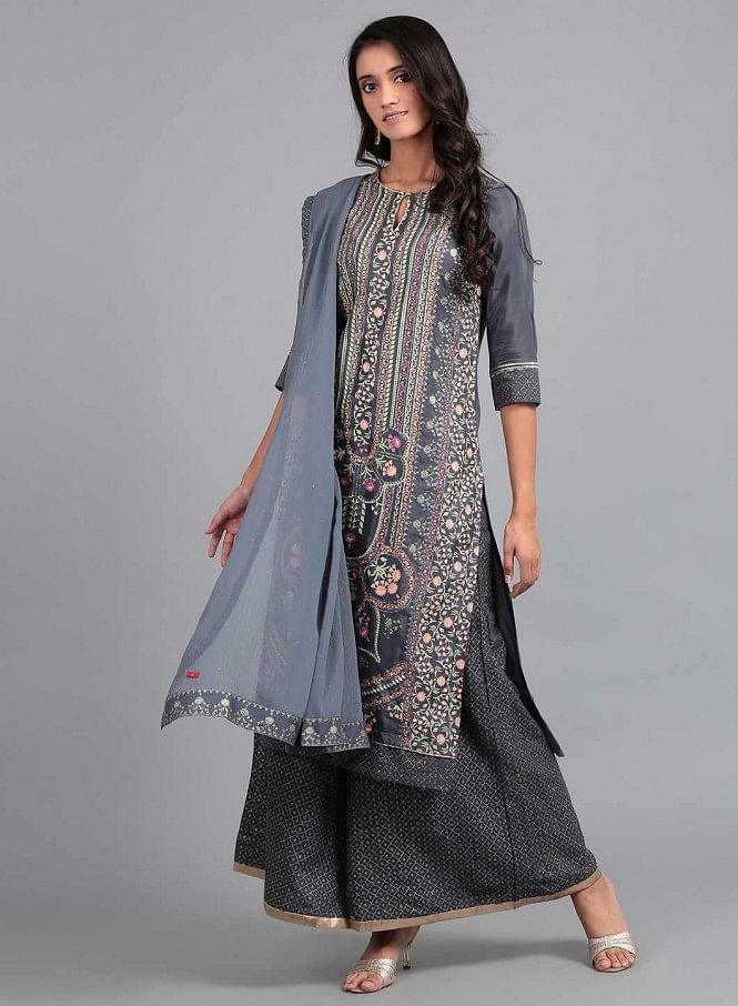 Blue Round Neck Printed kurta - wforwoman