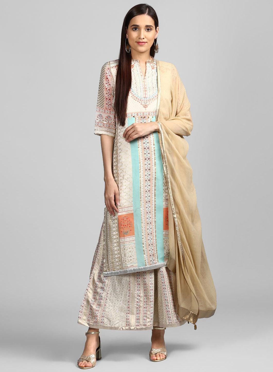 Off-White Mandarin Neck Printed kurta - wforwoman