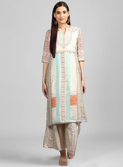 Off-White Mandarin Neck Printed kurta - wforwoman