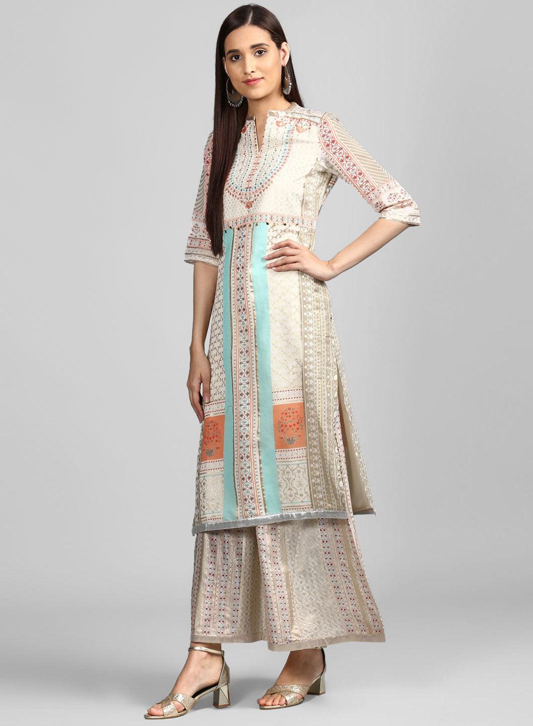 Off-White Mandarin Neck Printed kurta - wforwoman