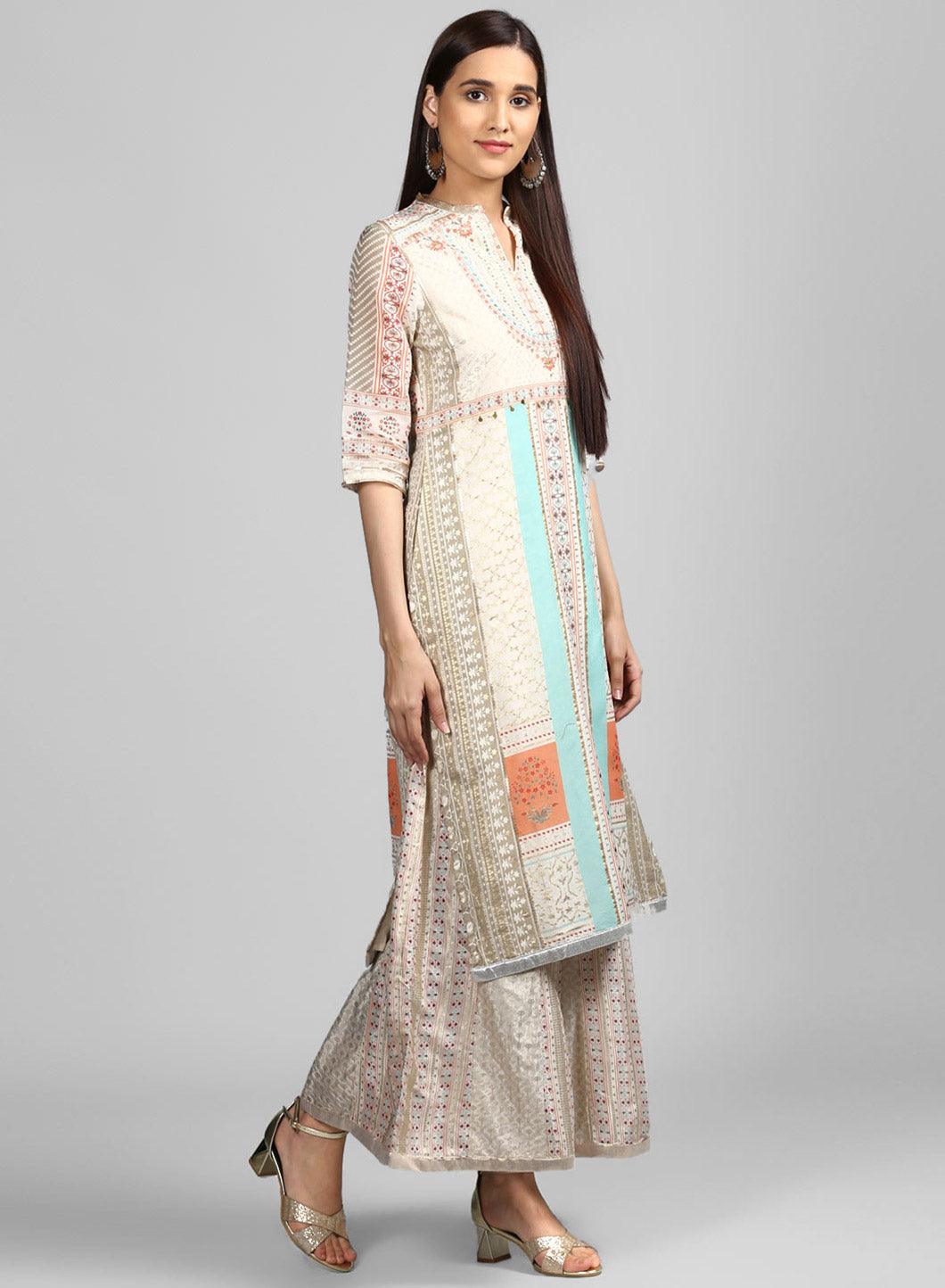 Off-White Mandarin Neck Printed kurta - wforwoman