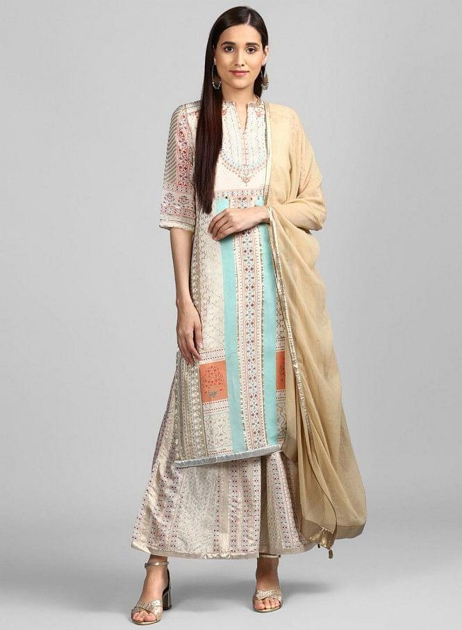 Off-White Mandarin Neck Printed kurta - wforwoman