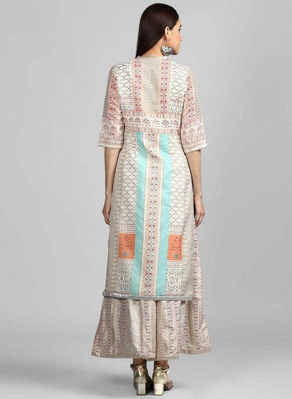 Off-White Mandarin Neck Printed kurta - wforwoman