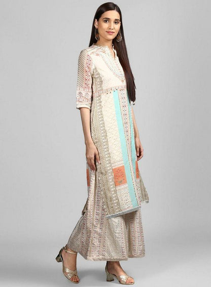 Off-White Mandarin Neck Printed kurta - wforwoman