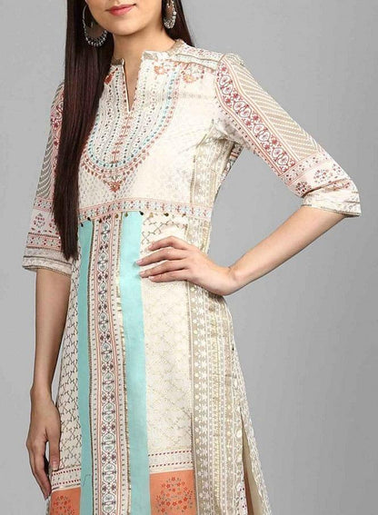 Off-White Mandarin Neck Printed kurta - wforwoman