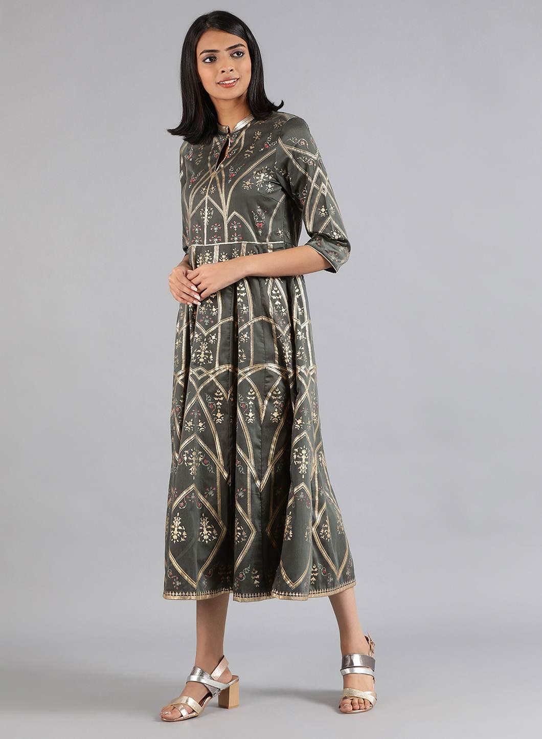 Grey Mandarin Neck Printed kurta Dress - wforwoman