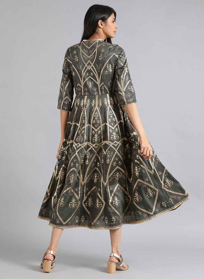 Grey Mandarin Neck Printed kurta Dress - wforwoman