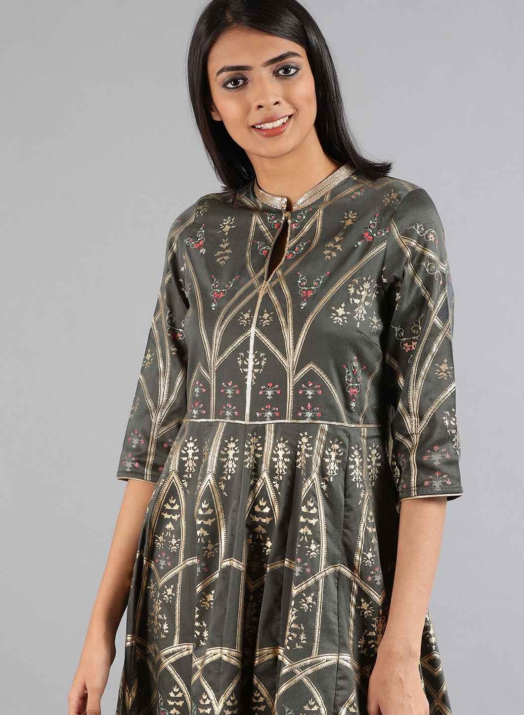 Grey Mandarin Neck Printed kurta Dress - wforwoman