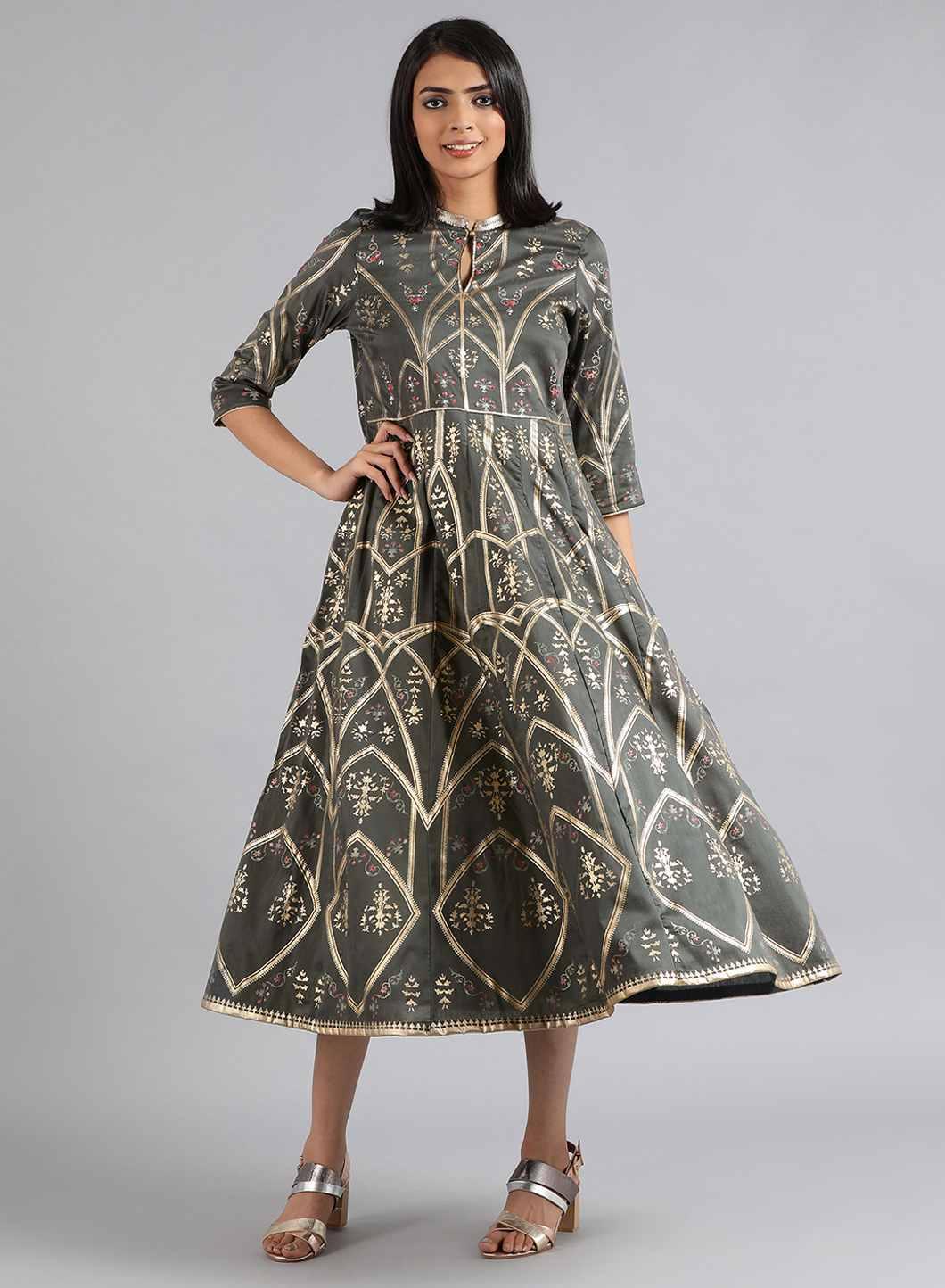 Grey Mandarin Neck Printed kurta Dress - wforwoman