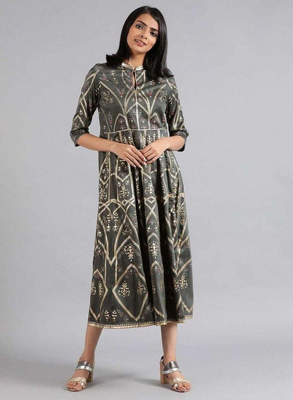 Grey Mandarin Neck Printed kurta Dress - wforwoman