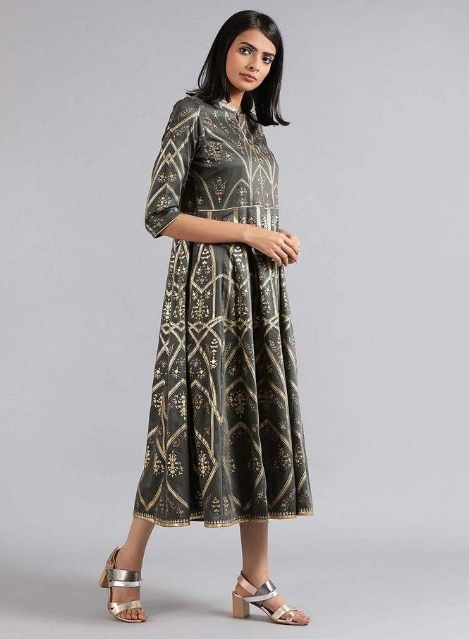 Grey Mandarin Neck Printed kurta Dress - wforwoman