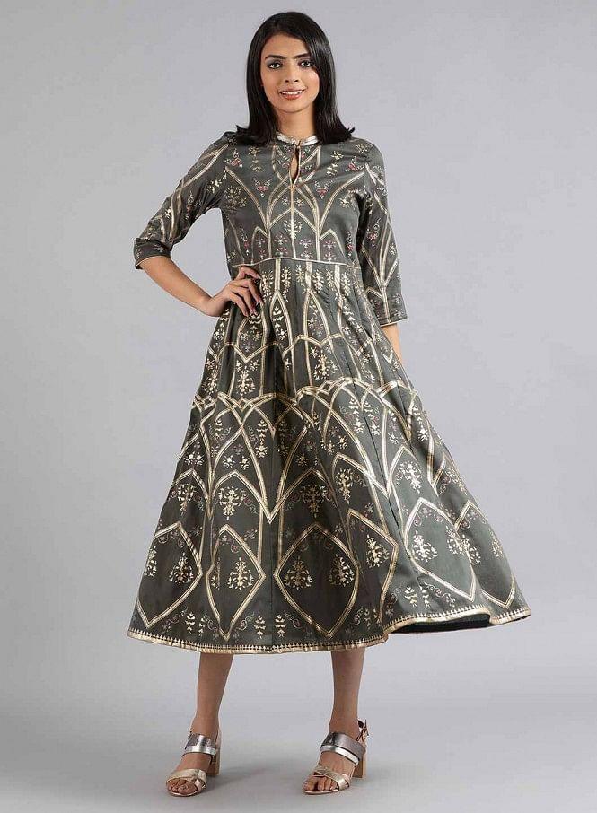 Grey Mandarin Neck Printed kurta Dress - wforwoman