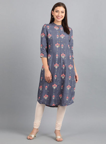 Grey Mandarin Neck Floral Print kurta - wforwoman