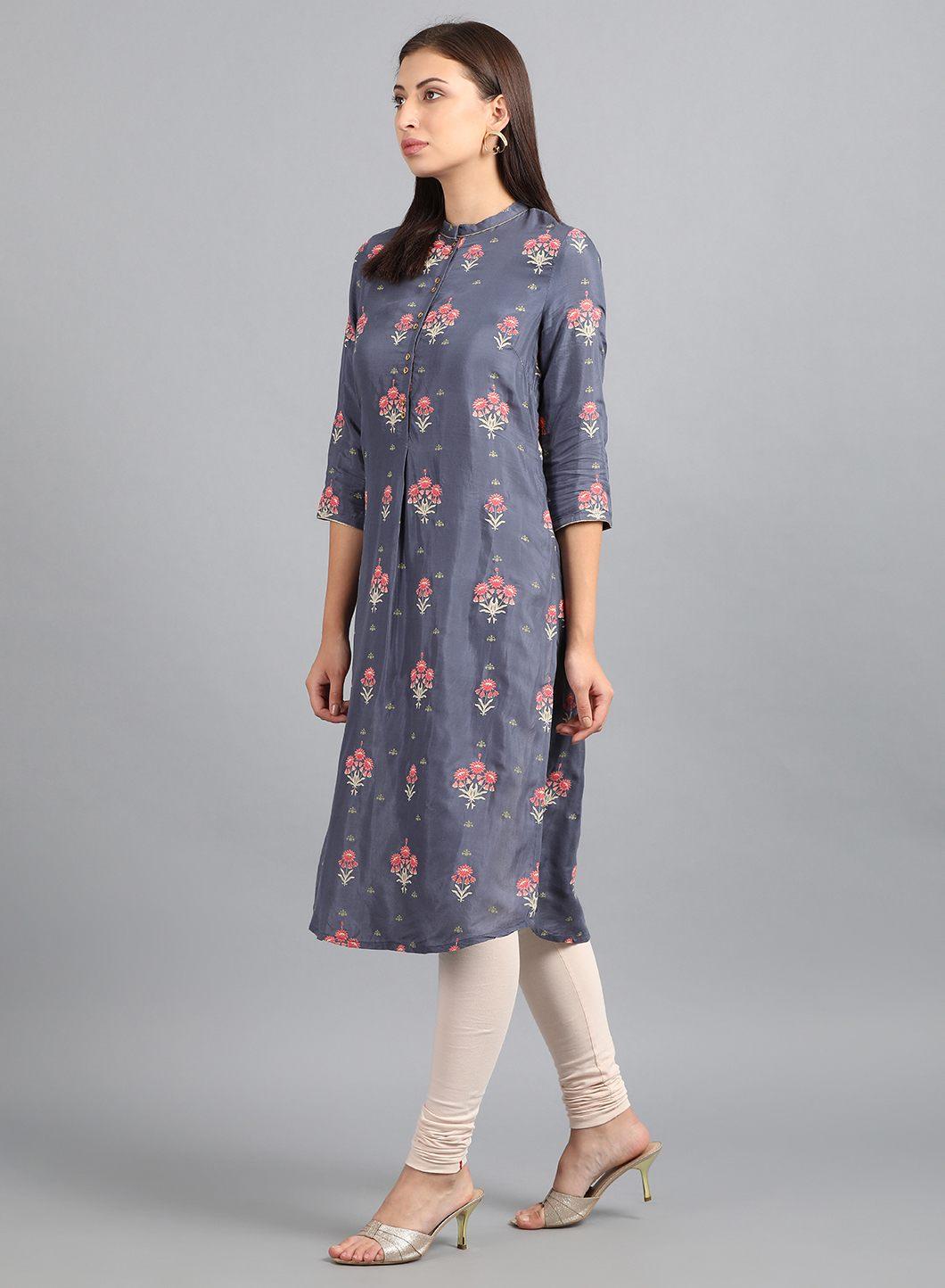 Grey Mandarin Neck Floral Print kurta - wforwoman