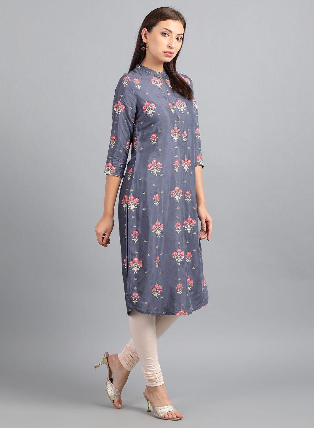 Grey Mandarin Neck Floral Print kurta - wforwoman