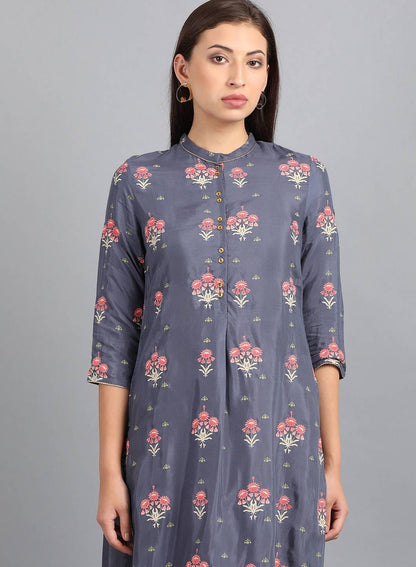 Grey Mandarin Neck Floral Print kurta - wforwoman