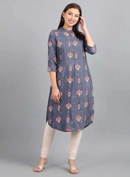 Grey Mandarin Neck Floral Print kurta - wforwoman