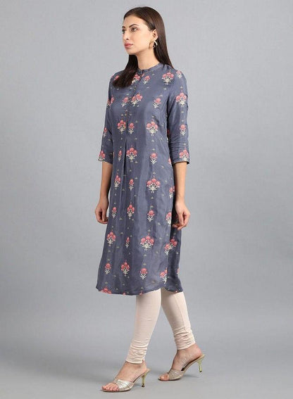 Grey Mandarin Neck Floral Print kurta - wforwoman