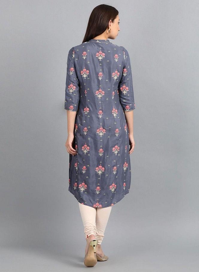 Grey Mandarin Neck Floral Print kurta - wforwoman