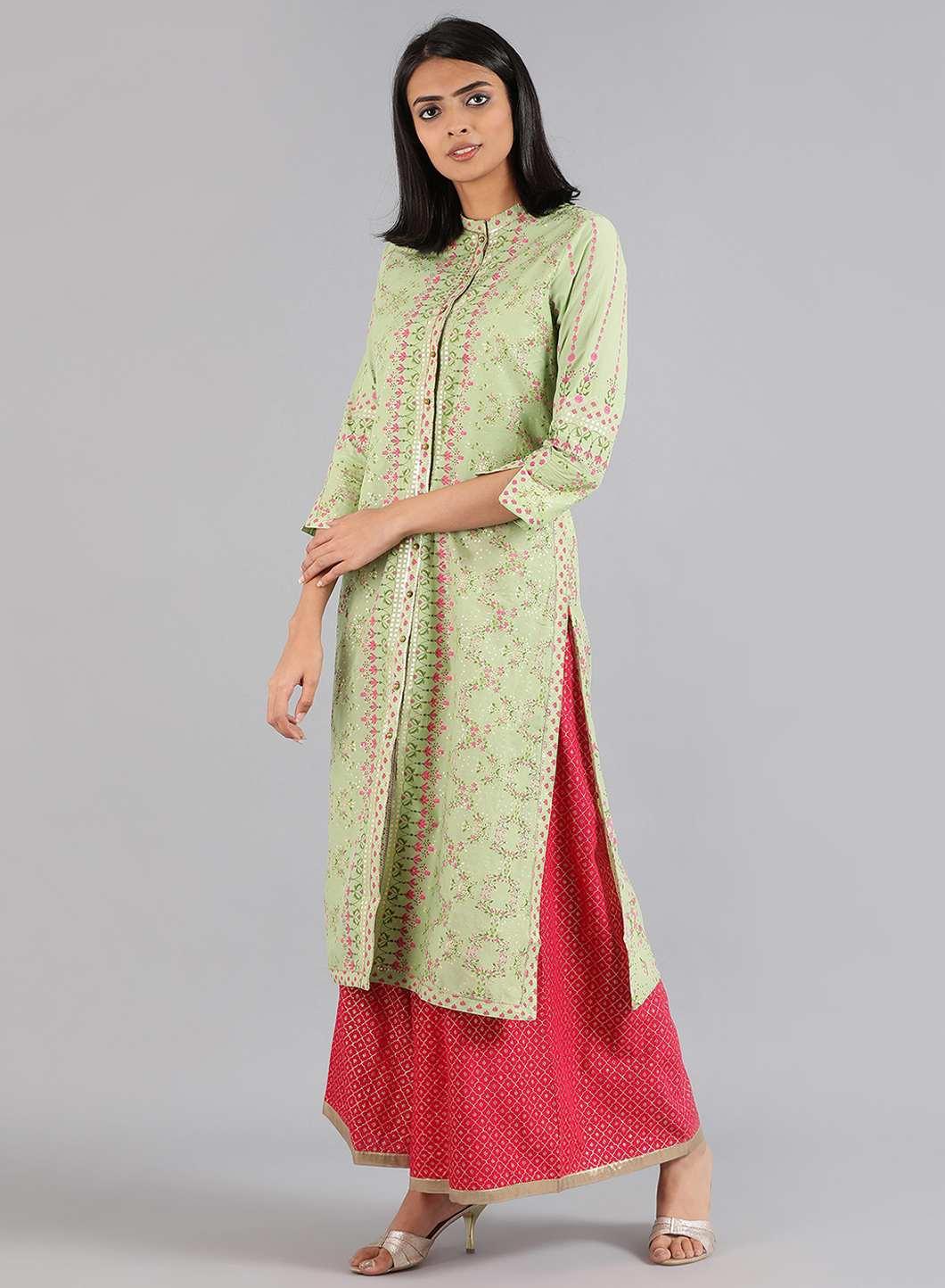 Green Mandarin Neck Printed kurta - wforwoman