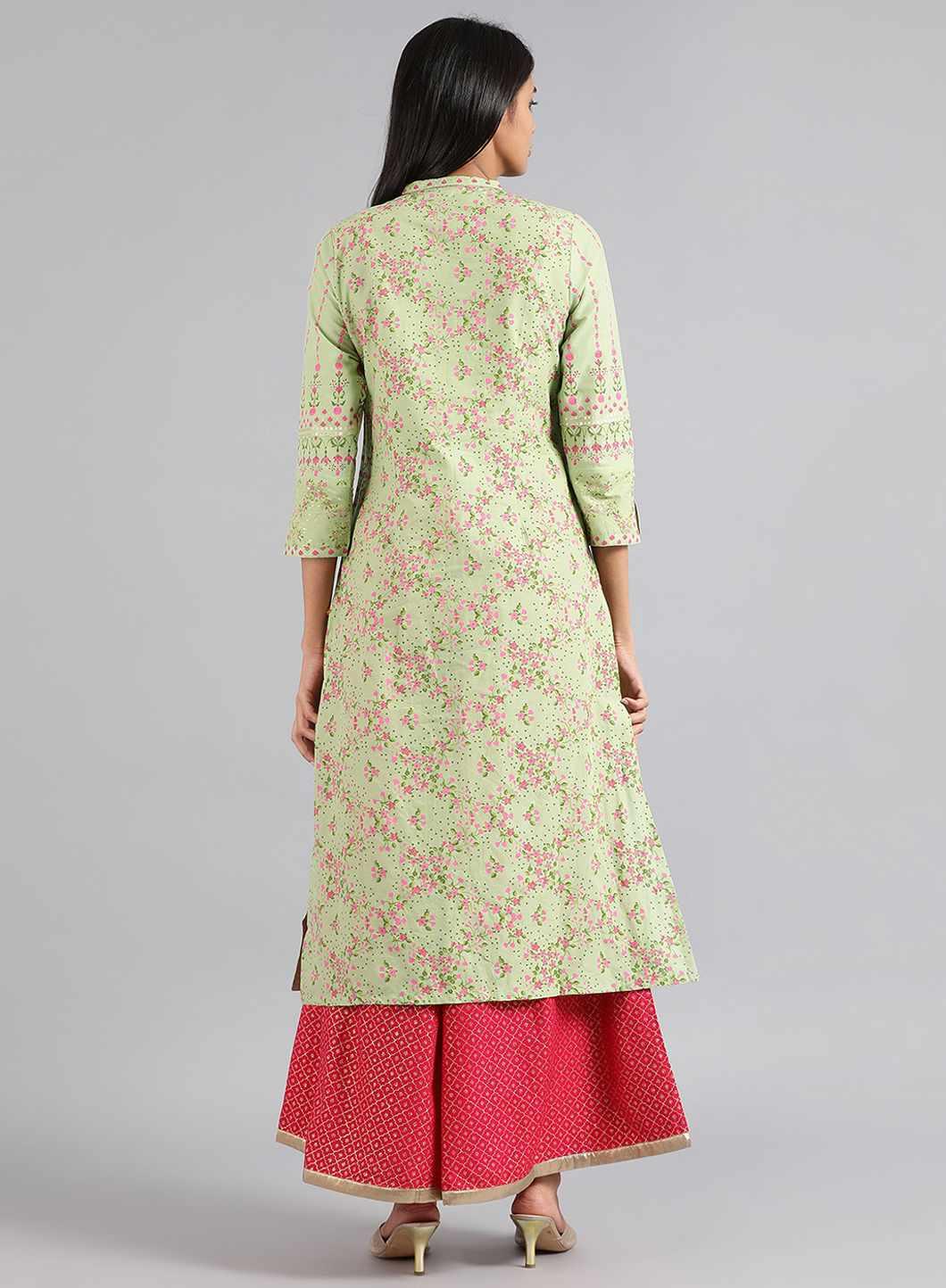 Green Mandarin Neck Printed kurta - wforwoman