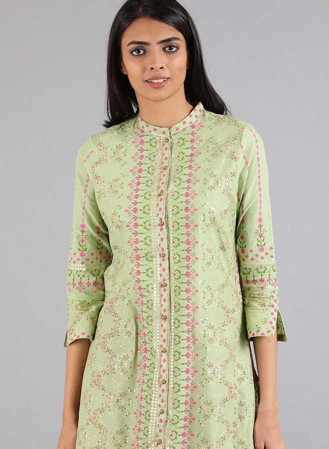 Green Mandarin Neck Printed kurta - wforwoman