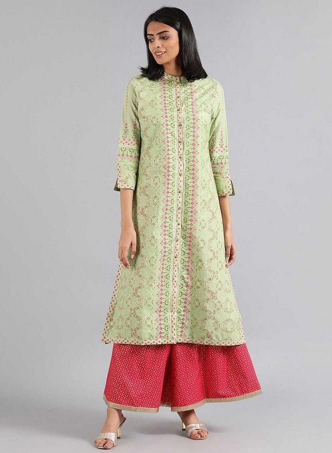 Green Mandarin Neck Printed kurta - wforwoman