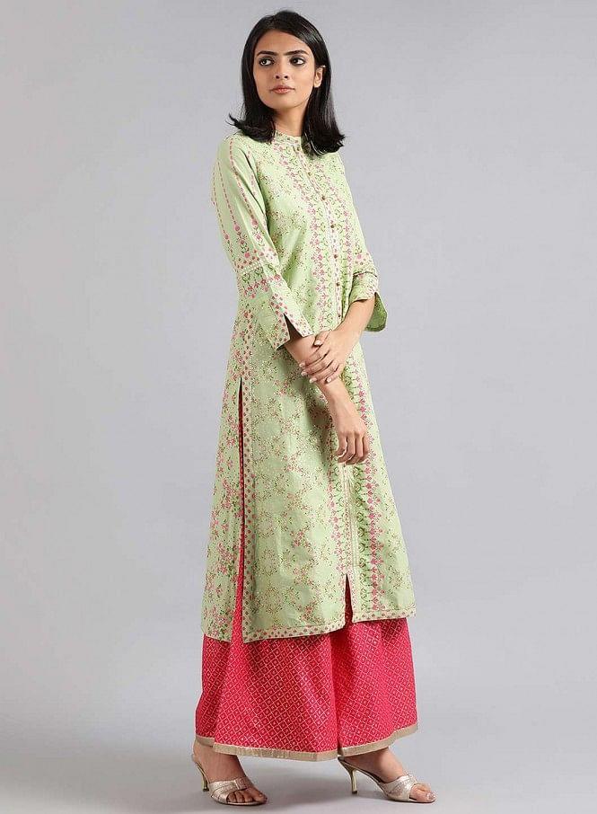 Green Mandarin Neck Printed kurta - wforwoman