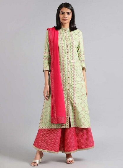 Green Mandarin Neck Printed kurta - wforwoman