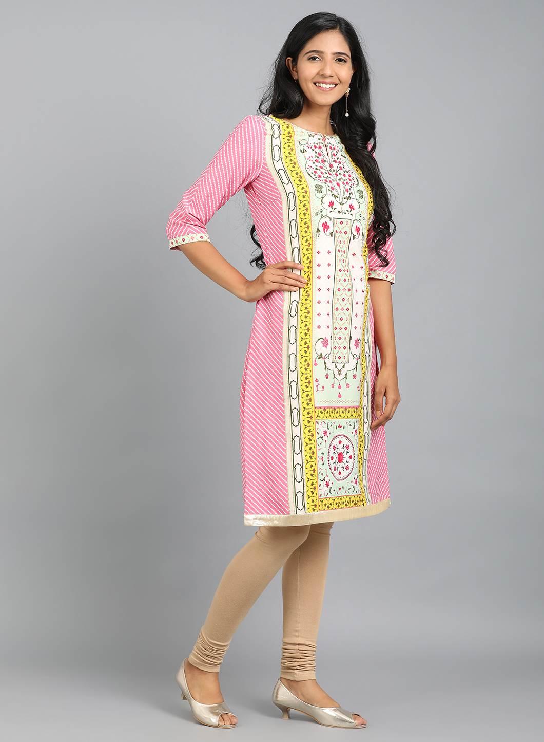 Pink Round Neck Printed kurta - wforwoman