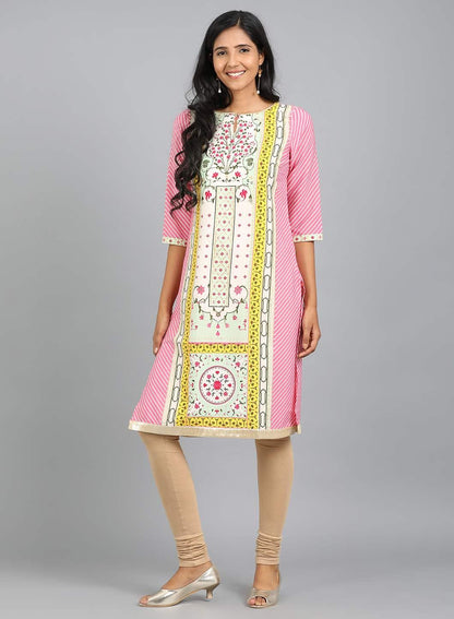 Pink Round Neck Printed kurta - wforwoman