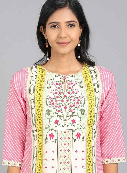 Pink Round Neck Printed kurta - wforwoman