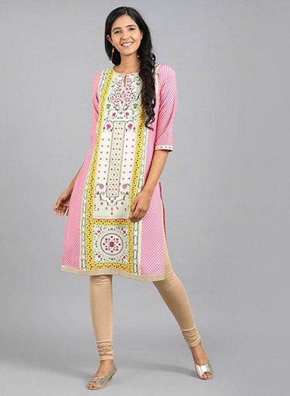 Pink Round Neck Printed kurta - wforwoman