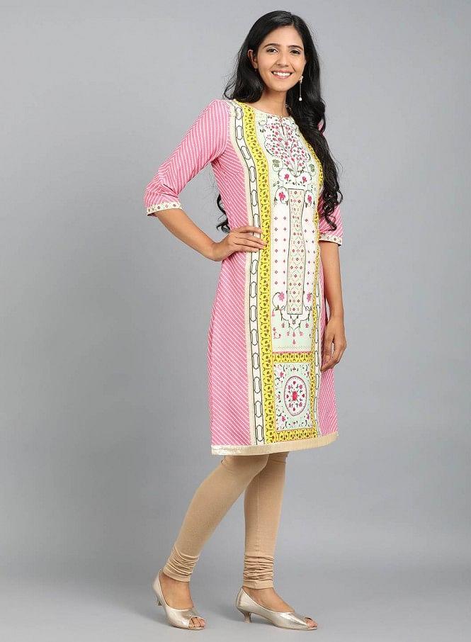 Pink Round Neck Printed kurta - wforwoman