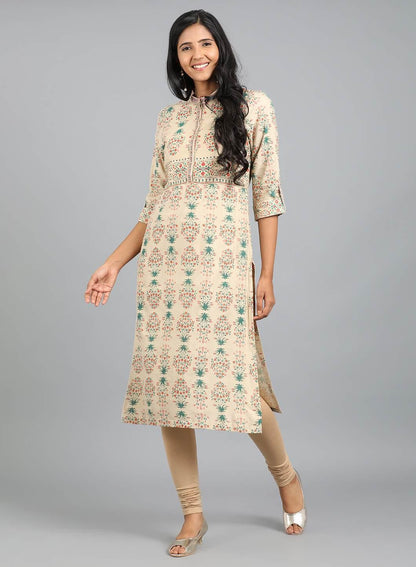 Beige Mandarin Neck Printed kurta - wforwoman