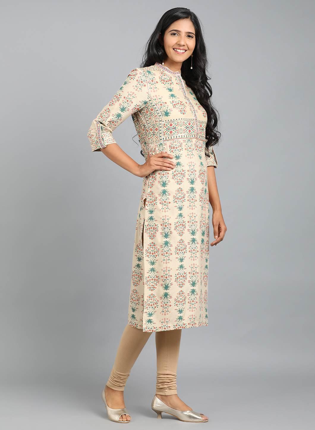 Beige Mandarin Neck Printed kurta - wforwoman