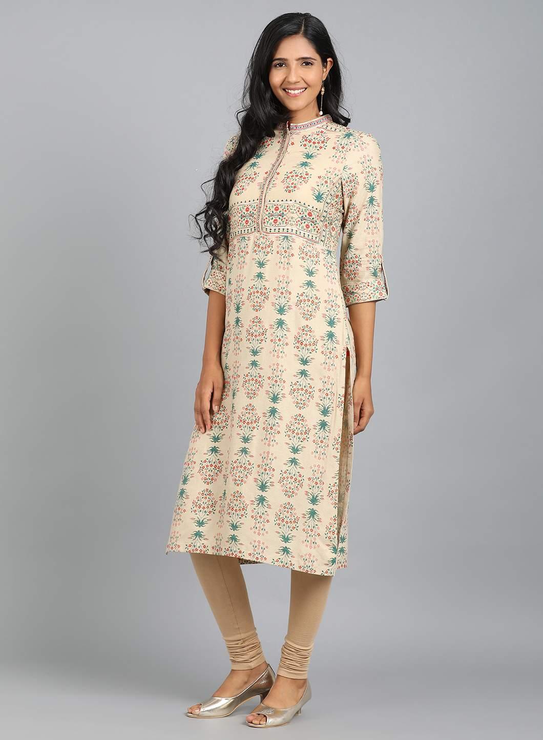 Beige Mandarin Neck Printed kurta - wforwoman