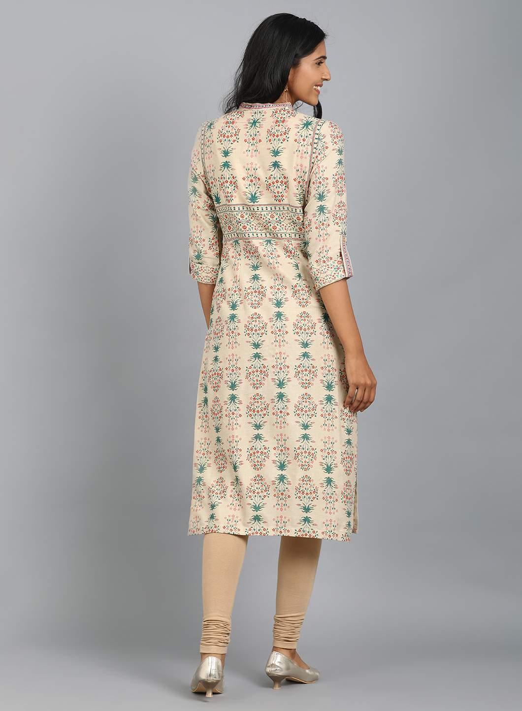 Beige Mandarin Neck Printed kurta - wforwoman