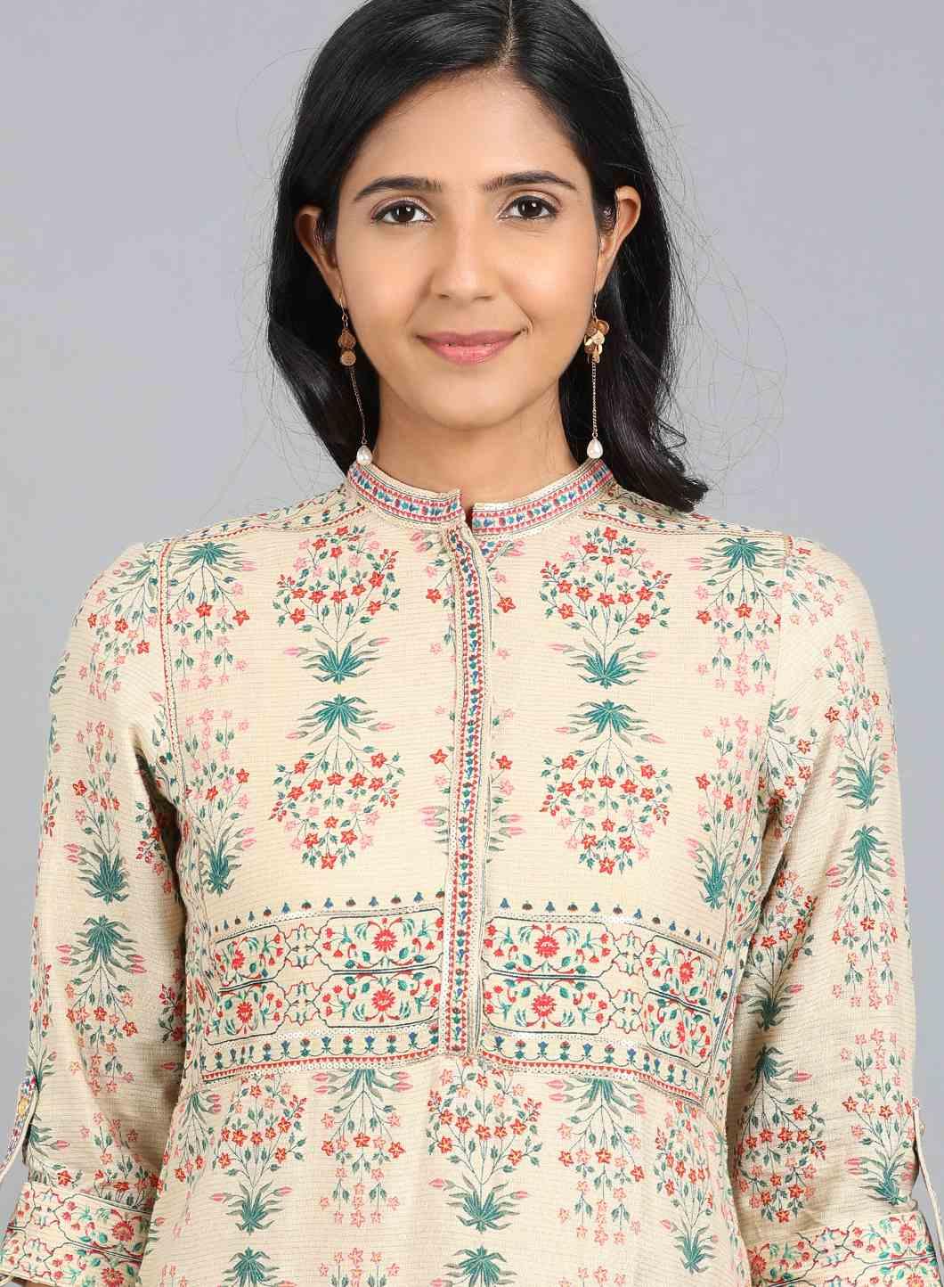 Beige Mandarin Neck Printed kurta - wforwoman