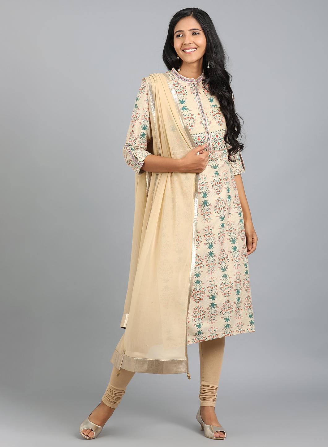 Beige Mandarin Neck Printed kurta - wforwoman