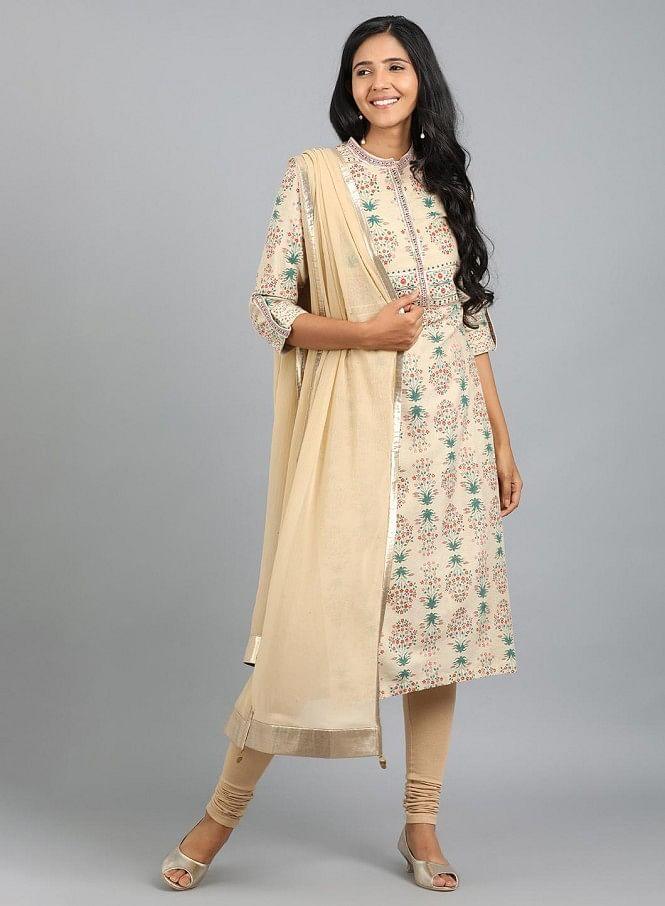 Beige Mandarin Neck Printed kurta - wforwoman