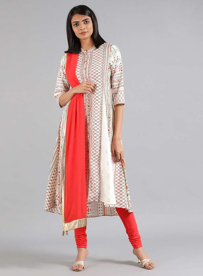 White Mandarin Neck Printed kurta