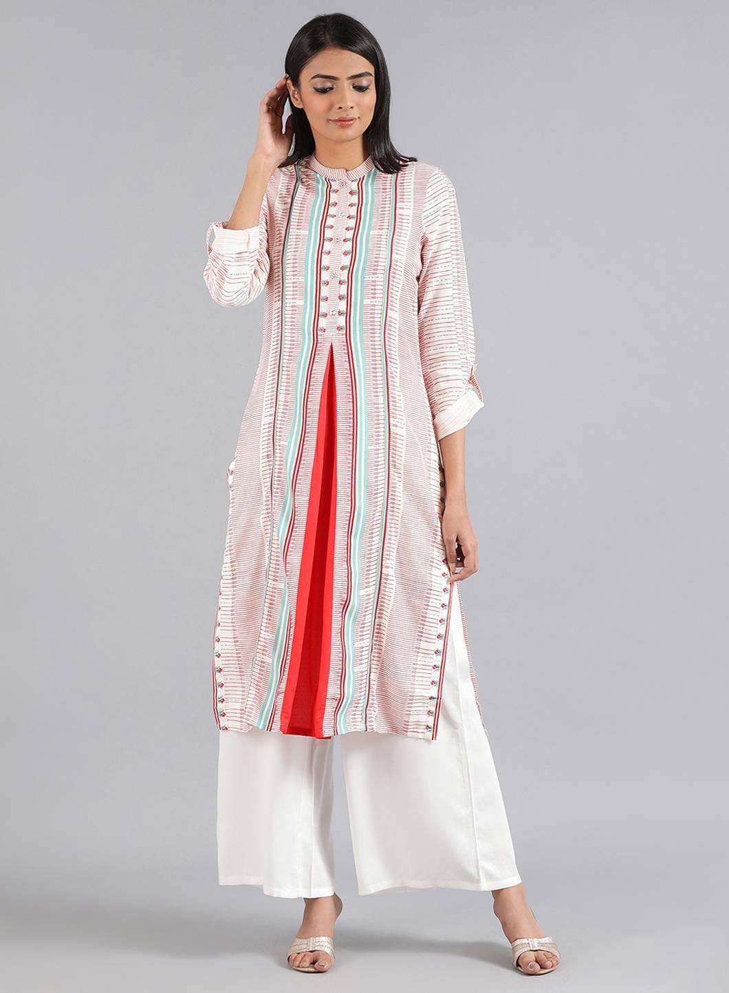 White Mandarin Neck Printed kurta - wforwoman